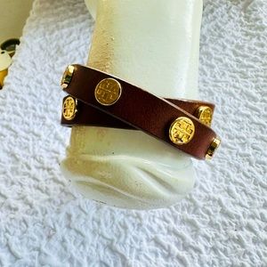 Tory Burch Leather Wrap Bracelet Choker Logo Brown and Gold Tone